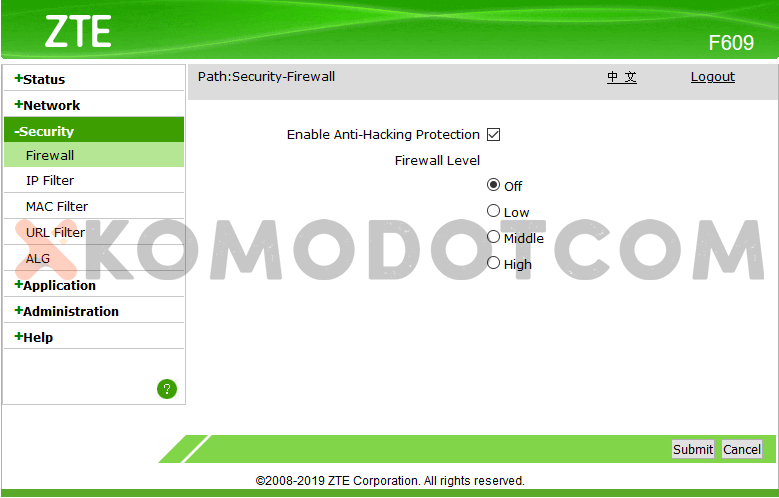 Cara Login Modem ZTE F609 IndiHome Terbaru (Username dan Password Admin) - Menu Setting Firewall Level