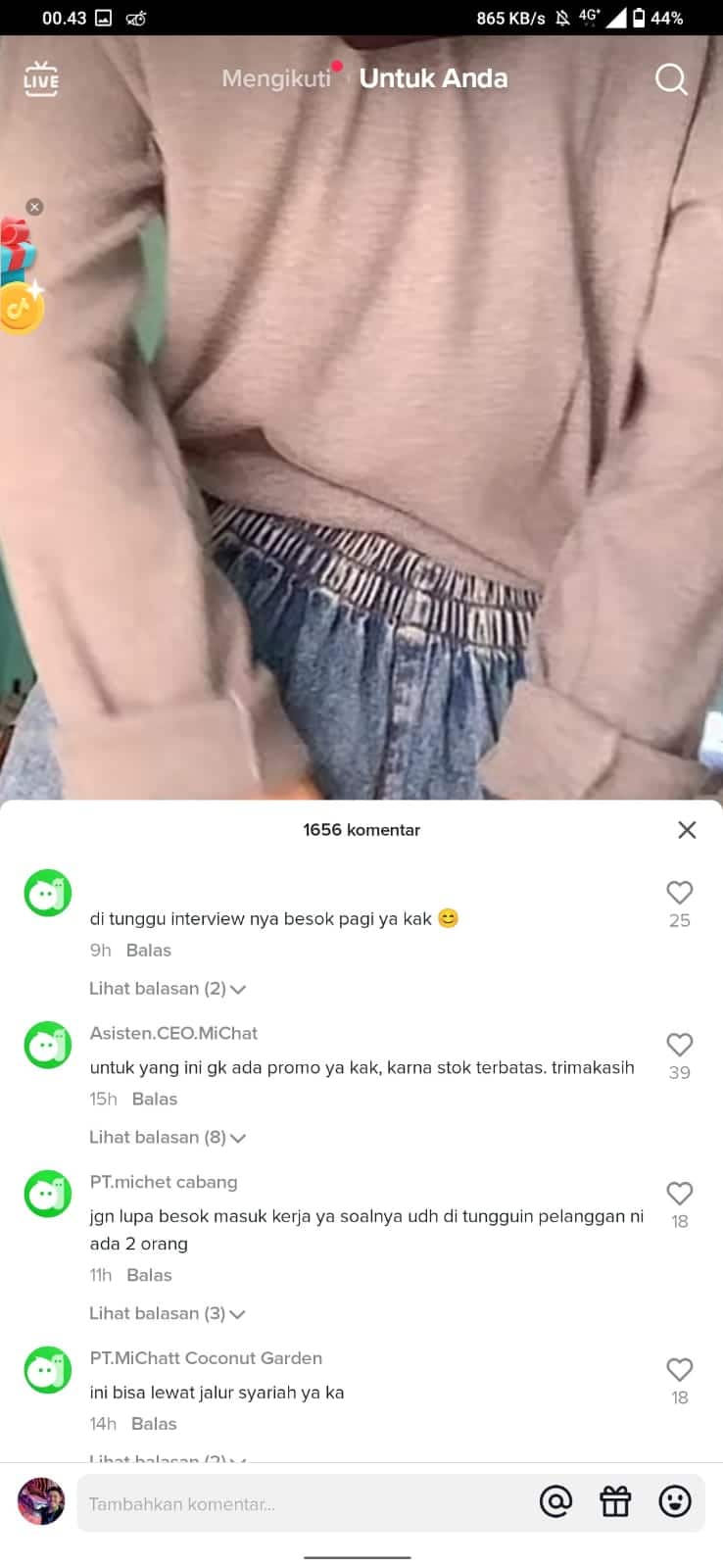 Ramai Komentar MiChat di TikTok - PT MiChat Cabang Bandung