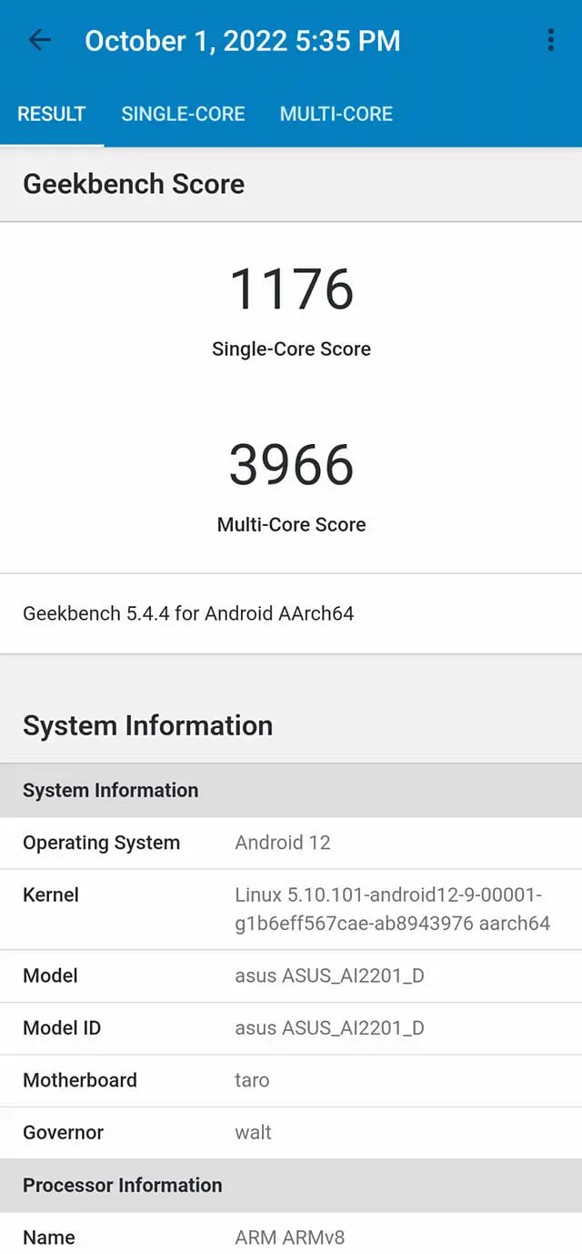 Hasil Benchmark ROG Phone 6 - Geekbench 5 CPU