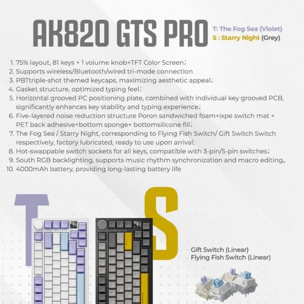 Ajazz AK820 GTS PRO 75% Mechanical Keyboard 3-Mode RGB with TFT LED - Image 6