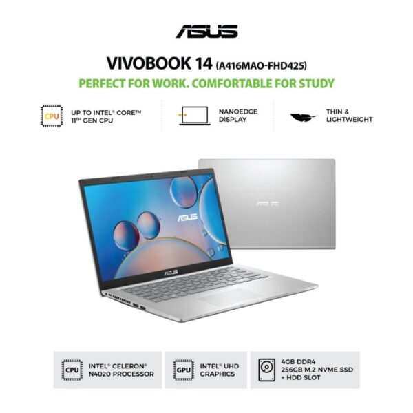 ASUS Vivobook A416MAO-FHD425 - Transparent Silver [Intel® Celeron® N4020 / Intel® UHD Graphics 600 / 4GB / 256GB / 14inch / WIN11 / OHS]