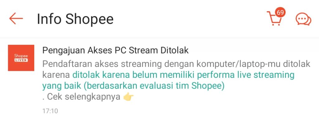 Live Streaming Key Shopee Live Ditolak