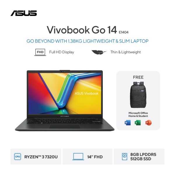 ASUS Vivobook Go 14 E1404FA-FHD351 - Mixed Black [AMD Ryzen™ 3 7320U / AMD Radeon™ Graphics / 8GB / 512GB / 14inch / WIN11 / OHS]