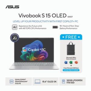 ASUS Vivobook S 15 S5507QA-OLEDSH11M - Cool Silver [Snapdragon X Elite X1E 78 100 / Qualcomm Adreno GPU / 32GB / 1TB / 15.6 inch / WIN11 / OHS]