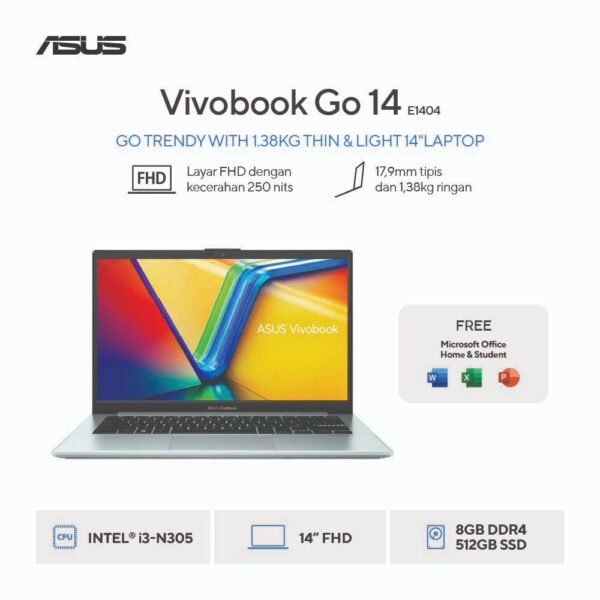 ASUS Vivobook Go 14 E1404GA-FHD352 - Green Grey [Intel® Core™ i3-N305 / Intel® UHD Graphics / 8GB / 512GB / 14 inch / WIN11 / OHS]