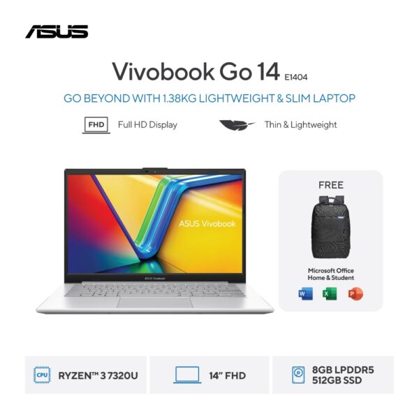 ASUS Vivobook Go 14 E1404FA-FHD323 - Cool Silver [AMD Ryzen™ 3 7320U/AMD Radeon™ Graphics/8GB/256GB/14inch/WIN11/OHS]