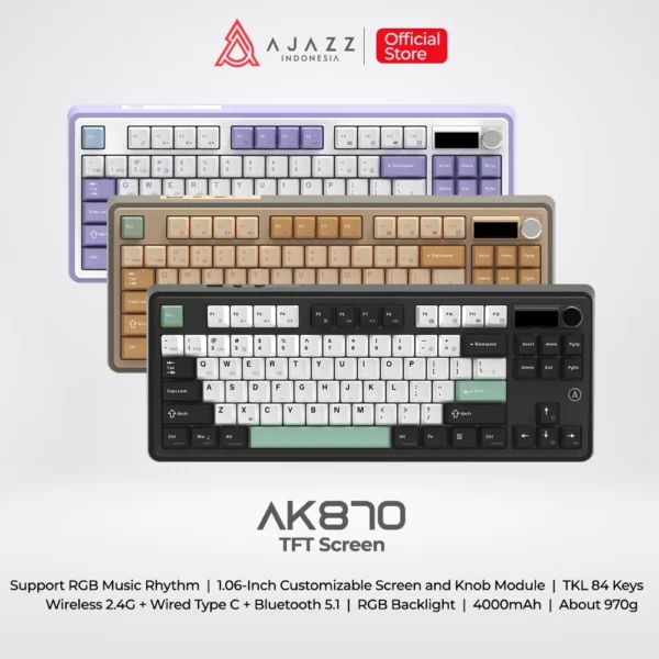 Ajazz AK870 TKL Mechanical Keyboard 3-Mode RGB with Customizable TFT Color Screen and Knob Module