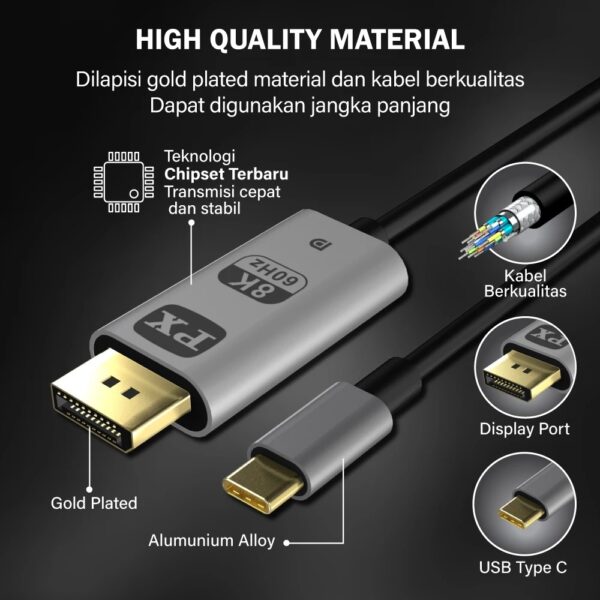 PX USB Type C 3.1 to Displayport 1.4 - 1 Meter