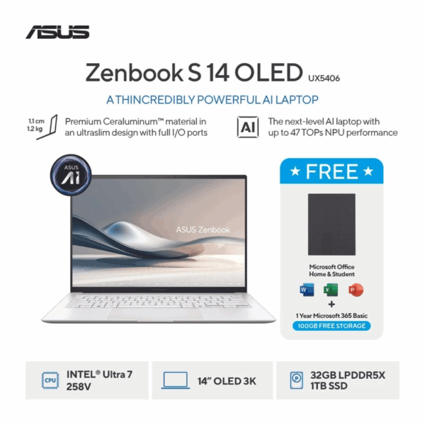 ASUS Zenbook S14 OLED UX5406SA-OLEDS7312TM - Scandinavian White [Intel Core Ultra 7 Processor / Intel Arc Graphics / 32GB / 1TB / 14inch / WIN11 / OHS / M365]