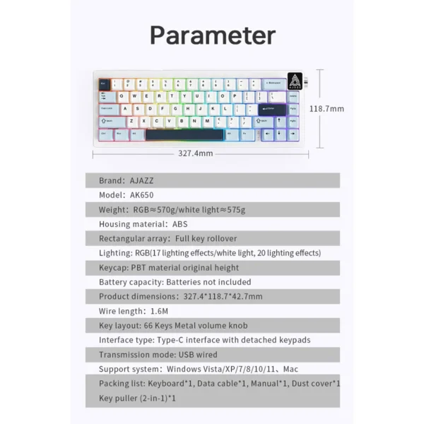 Ajazz AK650 Wired Mechanical Keyboard Gaming [66 Keys / RGB / Hot-Swappable / Type-C]
