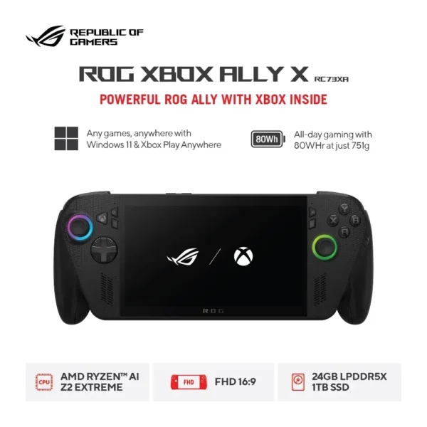 ROG Xbox Ally X (2025) RC73XA-Z2EA35A3T – Black [AMD Ryzen AI Z2 Extreme Processor / AMD Radeon Graphics / 24GB / 1TB / 7Inch / W11]