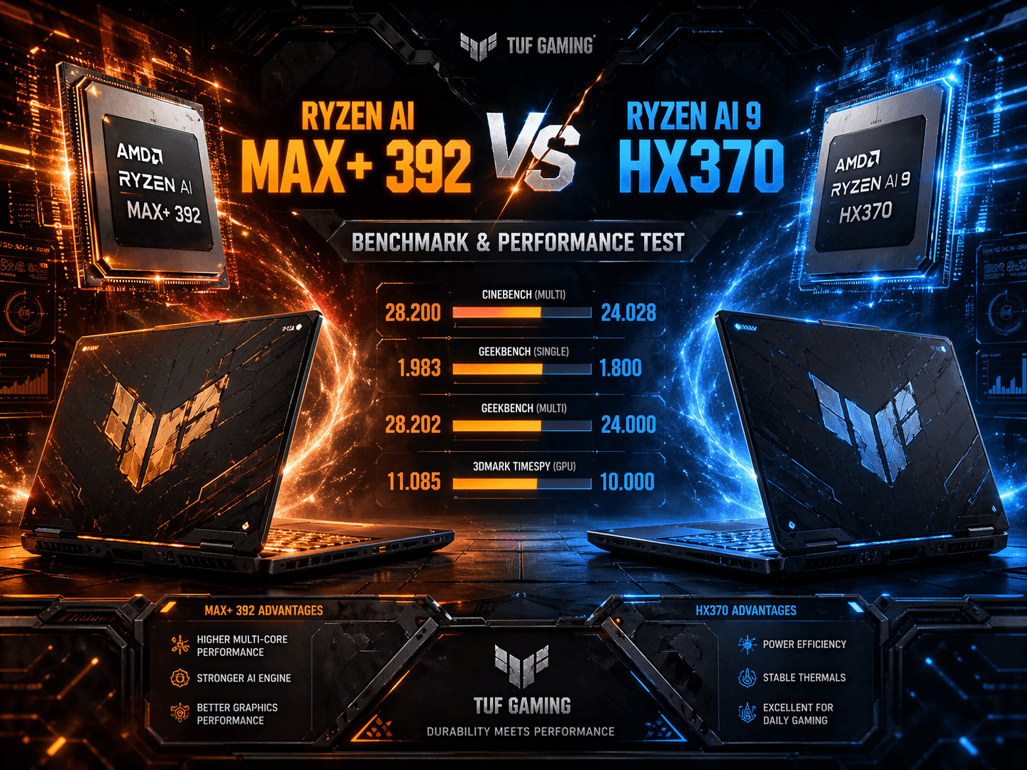 Perbandingan Benchmark ASUS TUF Gaming A14 - Ryzen AI MAX+ 392 vs Ryzen AI 9 HX370