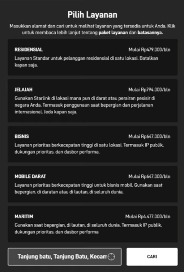 Starlink 7 Pilih Lokasi dan paket Starlink