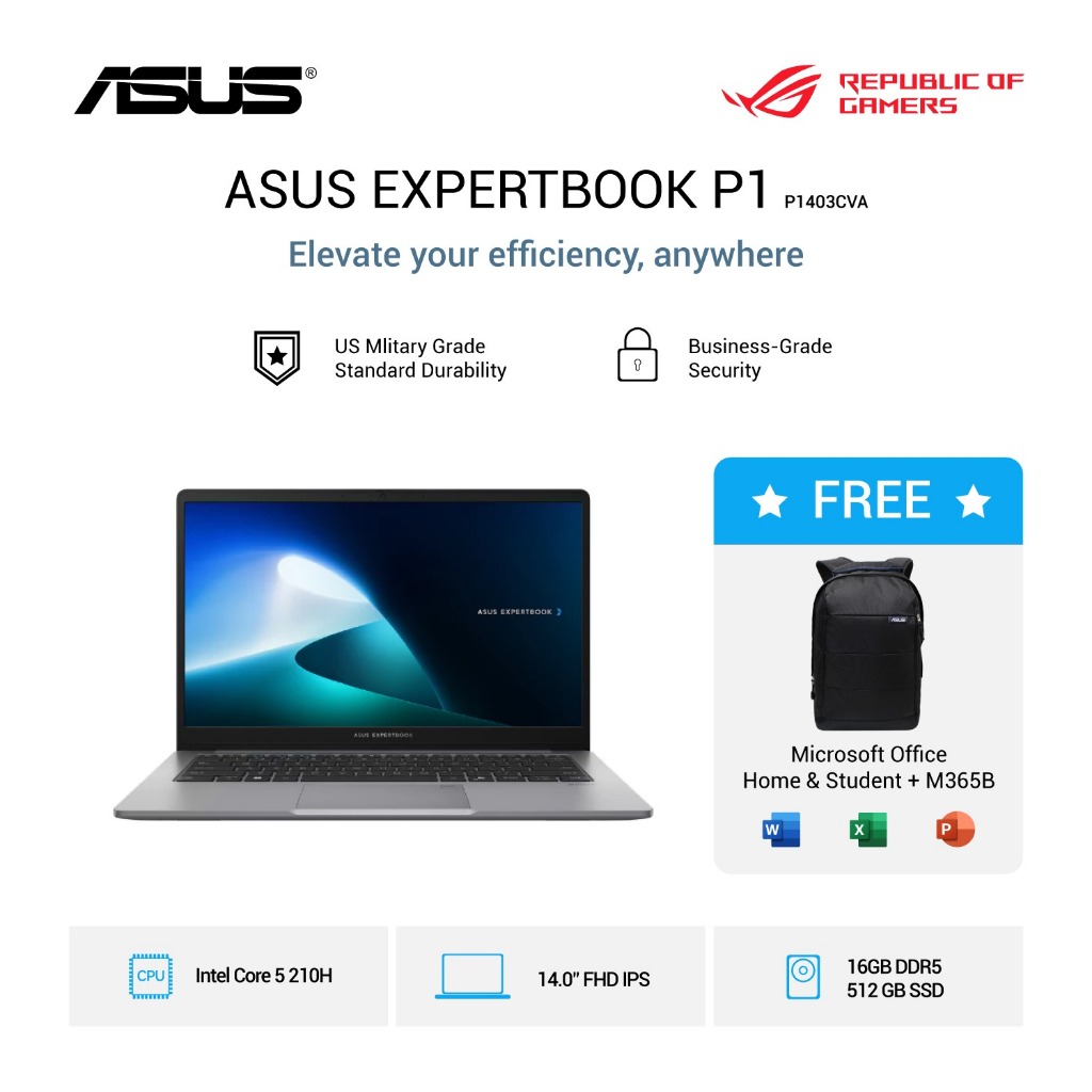 ASUS ExpertBook P1403CVA-S65152WS [Intel Core 5 210H / Intel UHD / 16GB DDR5 / 512GB / Grey / 14" FHD / W11]