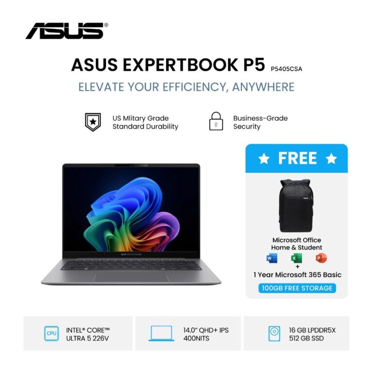 ASUS EXPERTBOOK P5405CSA-NZ5150WS [Intel Core Ultra 5 226V / Intel Arc 130V / 16GB LPDDR5X / 512GB / Misty Grey]