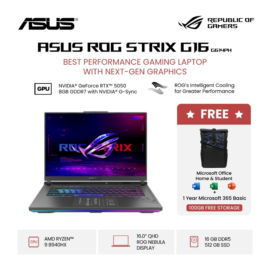 ASUS ROG STRIX G16 G614PH-R9N55C6G-HM [Ryzen 9 8940HX / RTX 5050 8GB / 16GB DDR5-5200 / 512GB / Eclipse Gray]