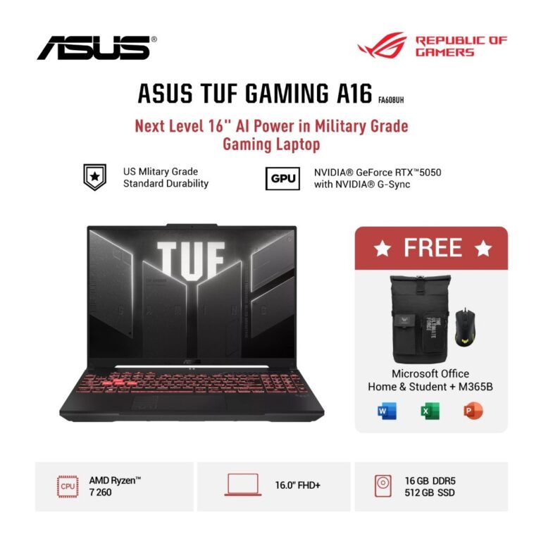 ASUS TUF A16 FA608UH-R7N55J6G-HM [Ryzen 7 260 / RTX 5050 8GB / 16GB DDR5-5600 / 512GB / 16" WUXGA 165Hz / W11]
