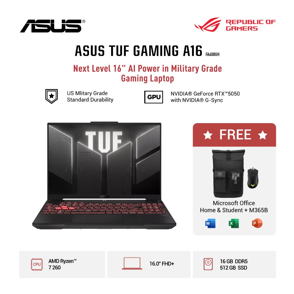 ASUS TUF A16 FA608UH-R7N55J6G-HM [Ryzen 7 260 / RTX 5050 8GB / 16GB DDR5-5600 / 512GB / Black]