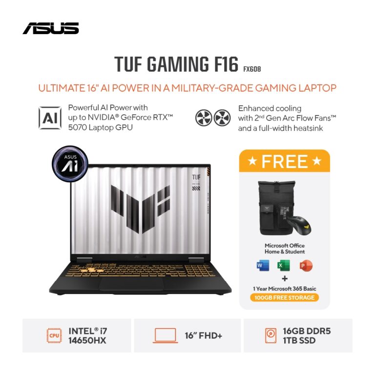 ASUS TUF F16 FX608JMR-I7N56J7G-HM [Intel Core i7-14650HX / RTX 5060 8GB / 16GB DDR5-5600 / 1TB]
