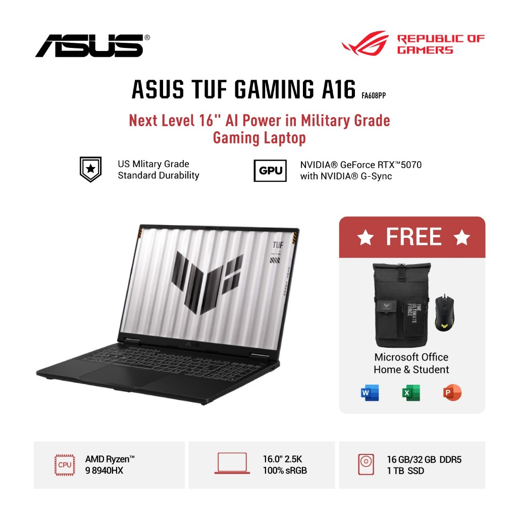 ASUS TUF Gaming A16 FA608PP-R9N57G6G-HM [AMD Ryzen 9 8940HX / RTX 5070 8GB / 16GB DDR5-5200 / 1TB / Black]