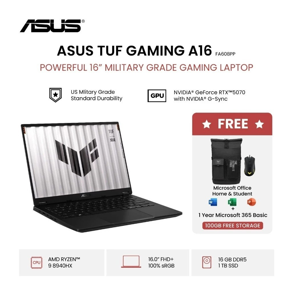 ASUS TUF Gaming A16 FA608PP-R9N57G6G-HM [AMD Ryzen 9 8940HX / RTX 5070 8GB / 16GB DDR5-5200 / 1TB / Jaeger Gray]