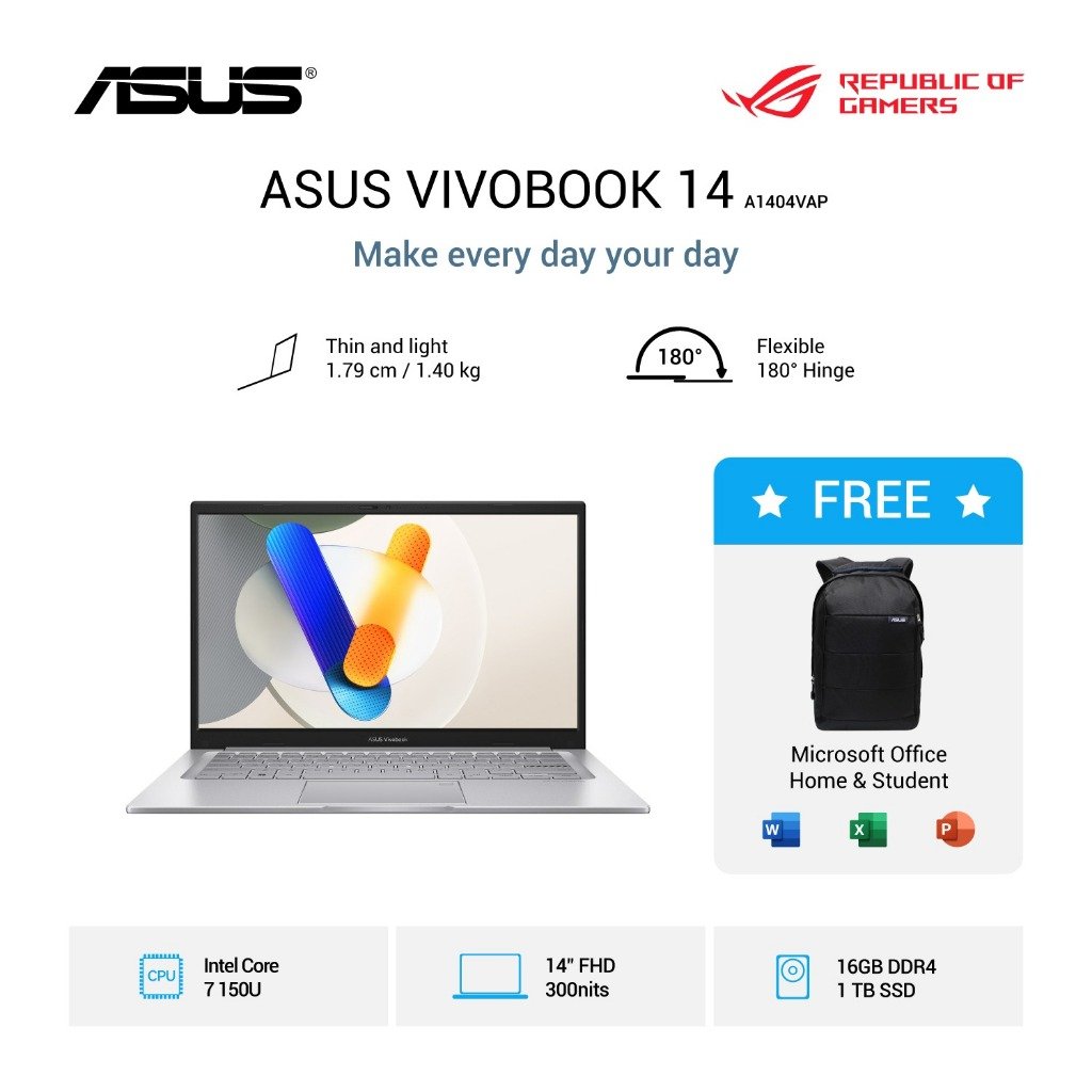 ASUS Vivobook 14 A1404VAP [Intel Core 7 150U / Intel / 16GB DDR4 / 1TB / 14" FHD / W11 / Office Home 2024]