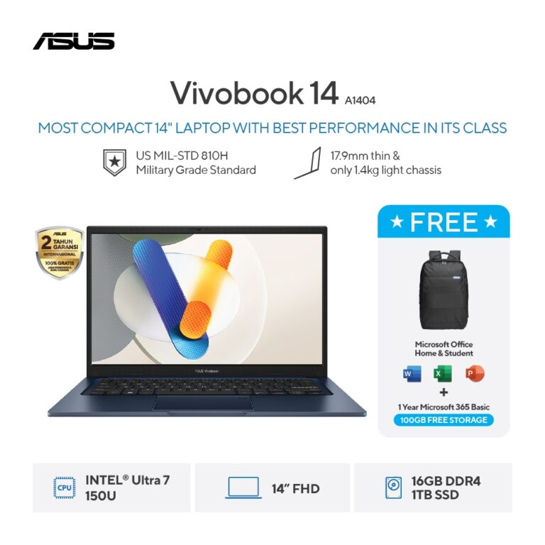 ASUS VIVOBOOK 14 A1404VAP-VIPS7111M [Intel Core 7 150U / Intel / 16GB DDR4 / 1TB / Quiet Blue / 14" FHD / W11]