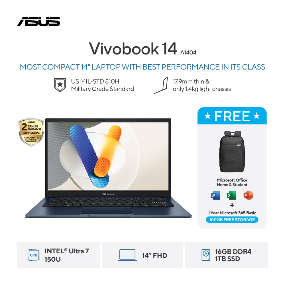 ASUS VIVOBOOK 14 A1404VAP-VIPS7111M [Intel Core 7 150U / Intel / 16GB DDR4 / 1TB / Quiet Blue / 14" FHD / W11]
