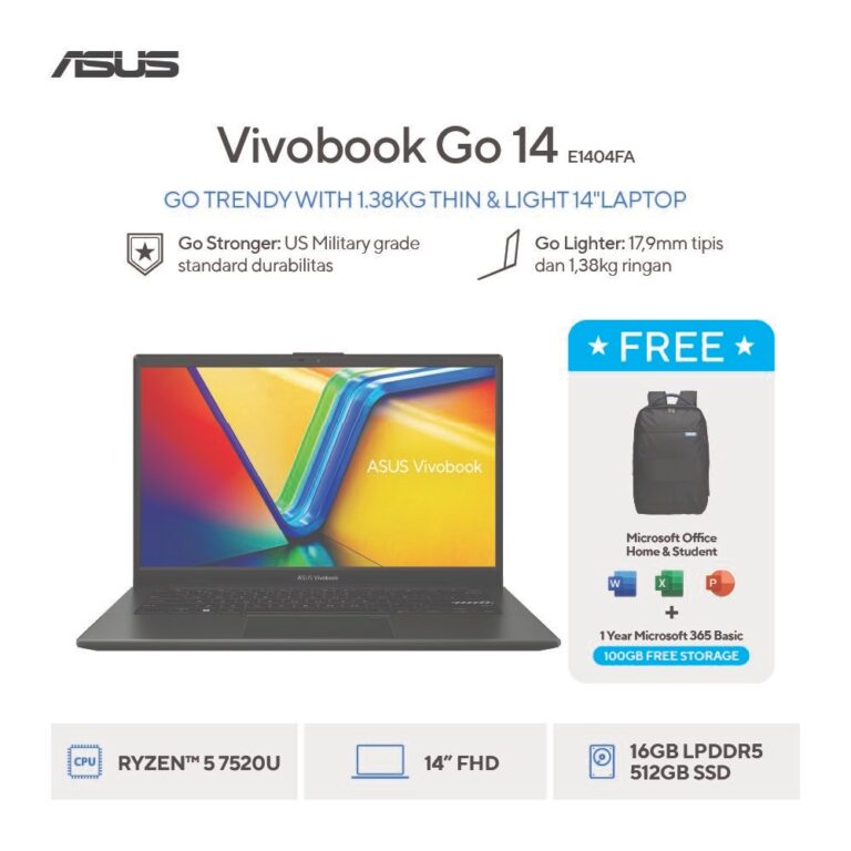 ASUS VIVOBOOK Go 14 E1404FA-VIPS5151M [AMD Ryzen 5 7520U / AMD Radeon Graphics / 16GB LPDDR5 / 512GB / Mixed Black]