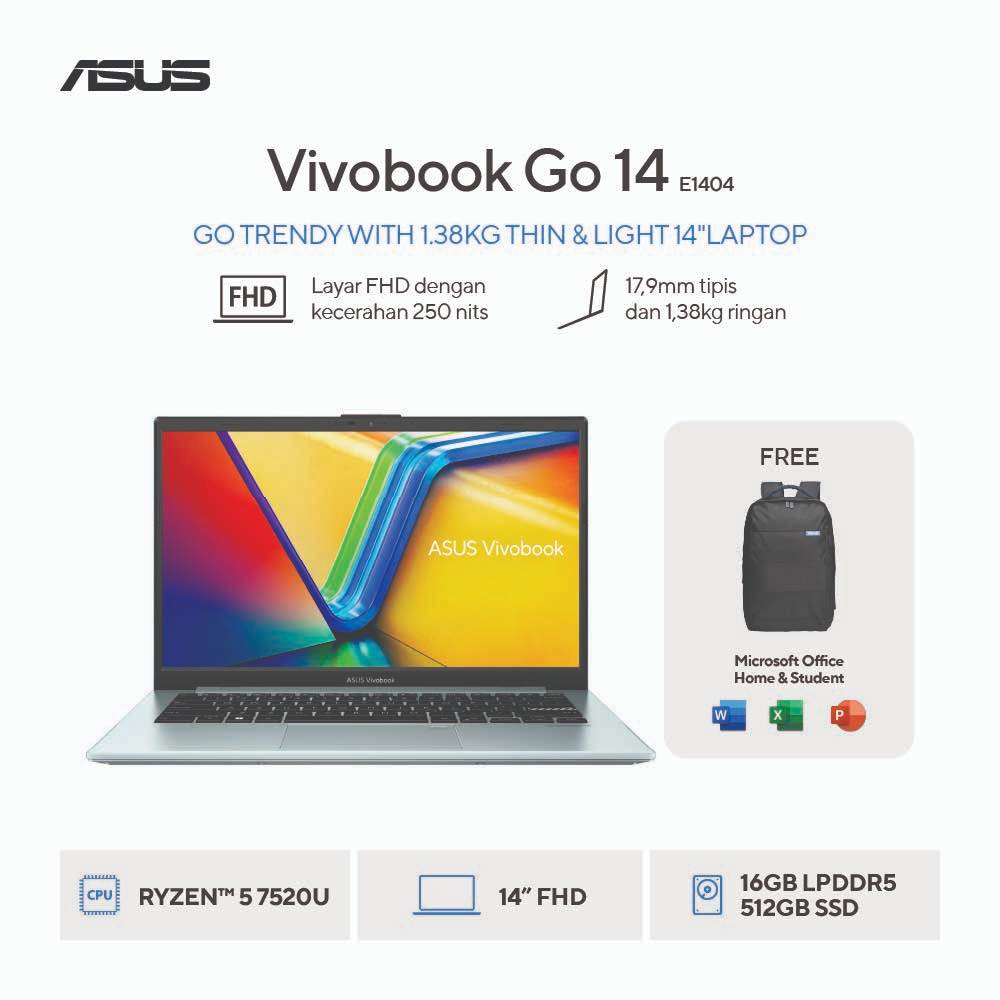 ASUS Vivobook Go 14 E1404FA-VIPS5152M [AMD Ryzen 5 7520U / AMD Radeon Graphics / 16GB LPDDR5 / 512GB / Green Gray]