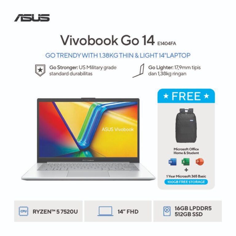 ASUS Vivobook Go 14 E1404FA-VIPS5153M [AMD Ryzen 5 7520U / AMD Radeon Graphics / 16GB LPDDR5 / 512GB / Cool Silver]