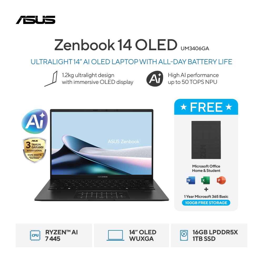 ASUS Zenbook 14 OLED UM3406GA-OLED7111M [AMD Ryzen AI 7 445 / Radeon 840M / 16GB LPDDR5X / 1TB / Jade Black]